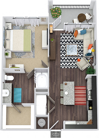 Floor plan for 1 bed, 1 bath, 743 sqft